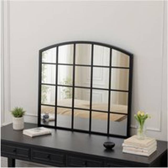 Industrial Arch Windowpane Wall Mirror with Black Metal Frame - One Size