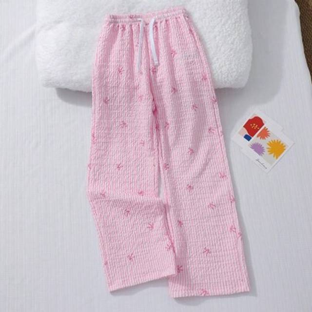 SHEIN Tween Girl&#39; Pink Striped Bow Print Bubble Textured Waist Band Loose White Contrast Tie Pants