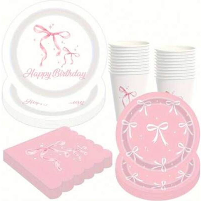 SHEIN Pink Bow Party Supplies Cute Supplies Bachelorette Party Tableware Set With Pink Bow Paper Plates Napkins Cups For Engagement Birthday Shower Wedding