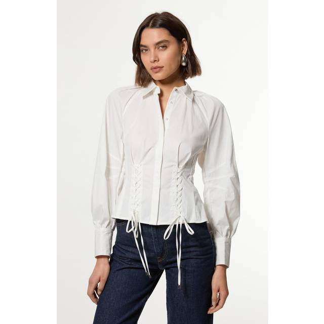 Lace Up Detail Balloon Sleeve Shirt - White