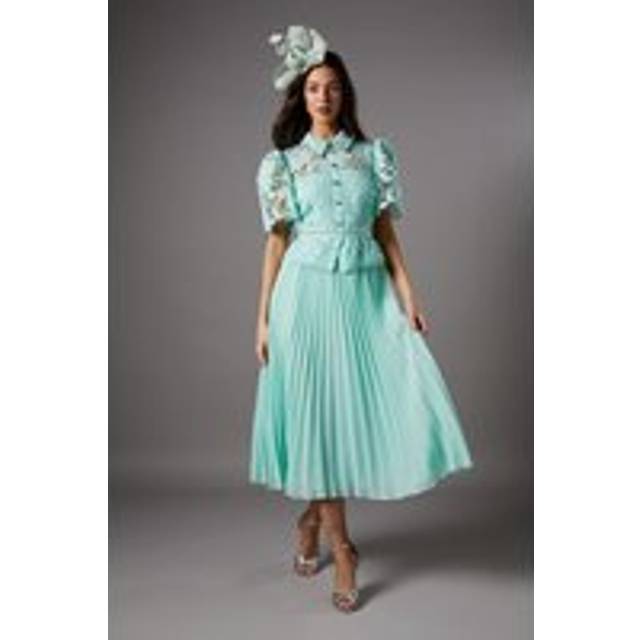 Coast Lace Top Pleat Skirt Jewel Button Dress In Sage - sage - 12