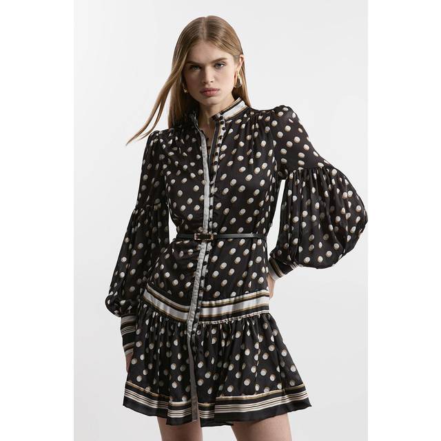 Polka Dot Woven Balloon Sleeve Belted Mini Dress - Mono
