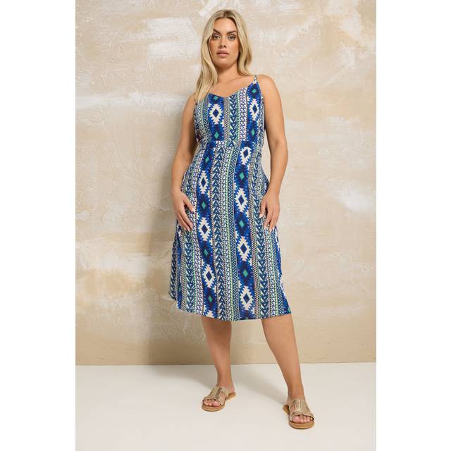 Yours Curve Navy Blue Aztec Print Shirred Sundress, Women's Curve & Plus Size, Yours - 18