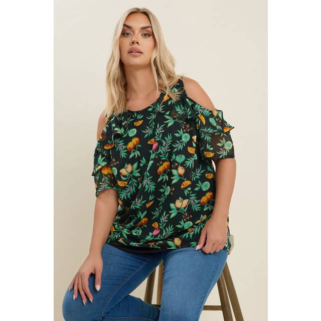 Yours Curve Black Tropical Fruit Print Frill Blouse, Women's Curve & Plus Size, Yours - 20