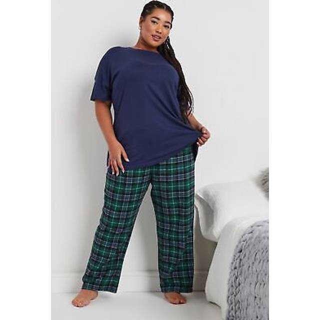 Yours Curve Navy Blue & Green Woven Check Pyjama Set - 34-36
