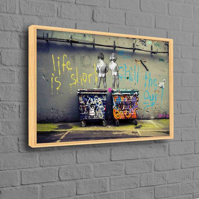 Street Art Inspired Canvas Featuring Lifelike Graffiti Design Showcasing Two Boys in a Thought-Provoking Scene Perfect for Urban Decor Themes - Framed Print without Mat (25 cm H x 35 cm W)