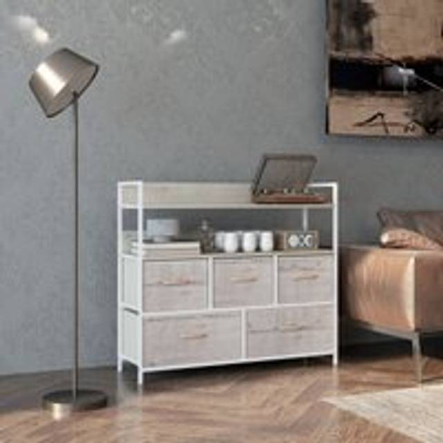 HOMCOM Bedroom Chest of Drawers 5 Drawer Dresser w/ Shelves, Natural
