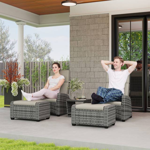(Grey) Outsunny 5 PCs Rattan Garden Furniture Set with Reclining Chairs
