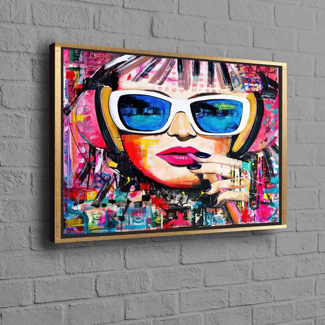 Colorful Abstract Graffiti Artwork Featuring a Woman&#39;s Portrait and Lip Art Printed on Canvas for a Modern Aesthetic Appeal in Home or Office Decor - Framed Print without Mat (60 cm H x 90 cm W)