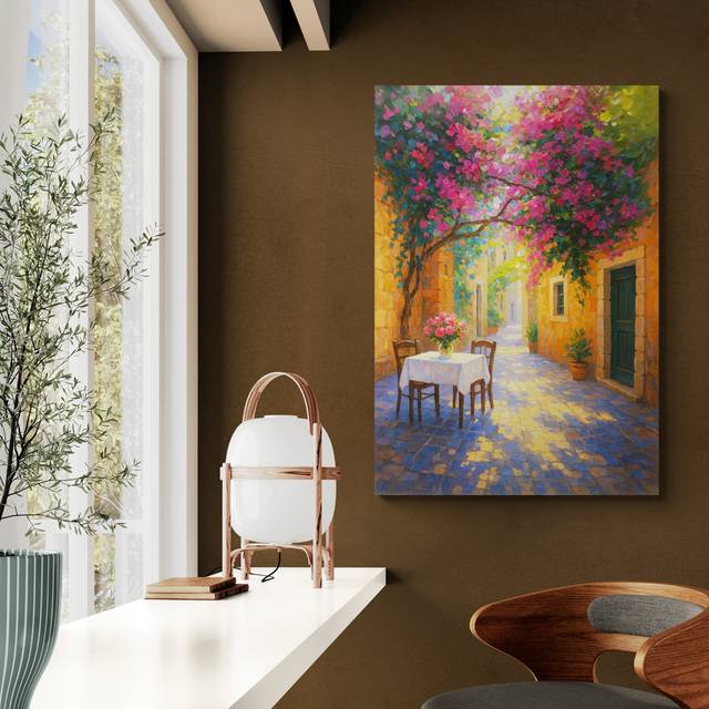 Table for Two in the Shade Wall Art - Canvas Framed Print - Green;Pink;Orange (31 cm H x 21 cm W)