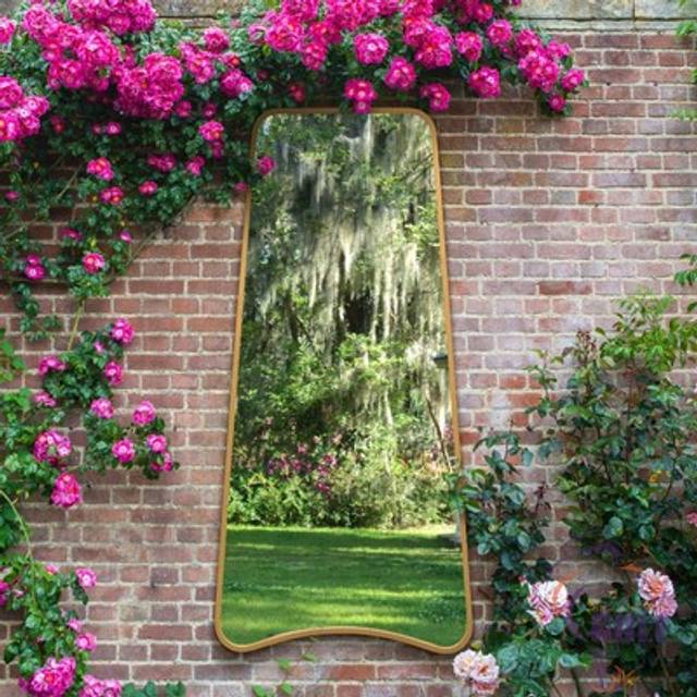 The coartans gold metal trapezoid framed garden wall mirror 71"x34" 180x85cm