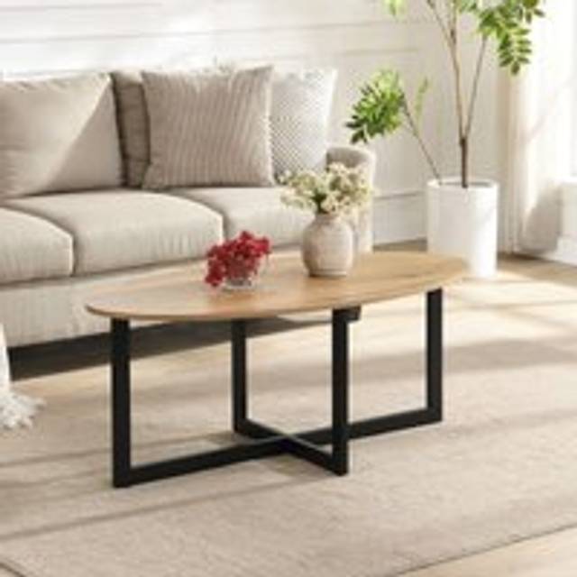 Aura Wooden Oval Coffee Table with Black Metal Legs - Natural - One Size