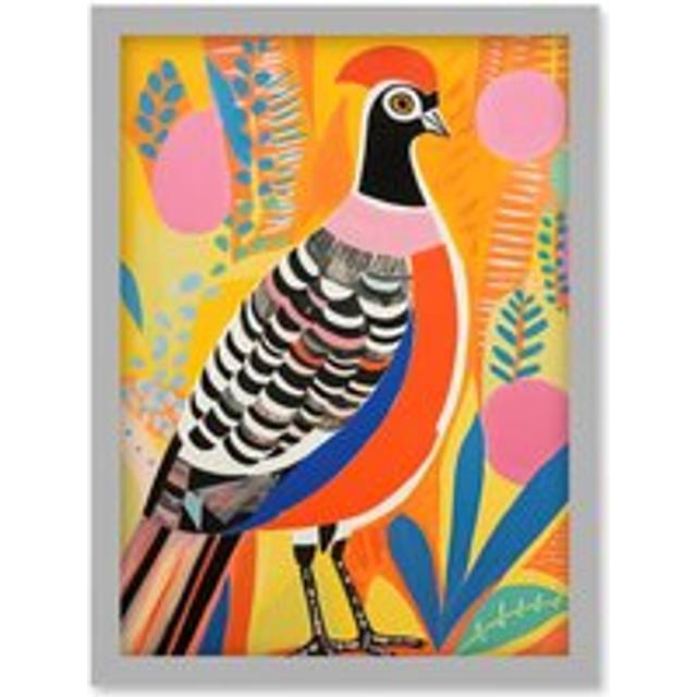 Wall Art Print Pleasant Pheasant Bright Bold Vibrant Colourful Grassland Acrylic Painting Artwork Orange Pink Blue Folk Artwork Framed A4 - Grey - A4