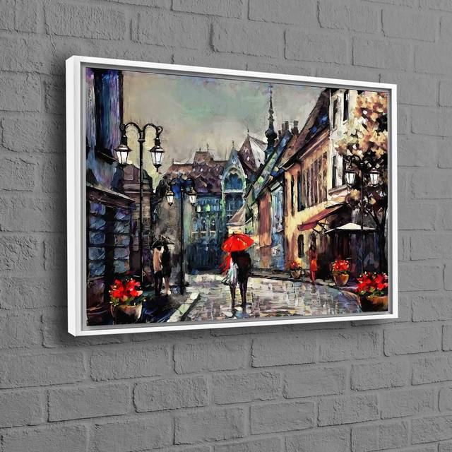 Romantic Couple Under Red Umbrella Landscape Art on Canvas Perfect for a Special Gift (90 cm H x 150 cm W)