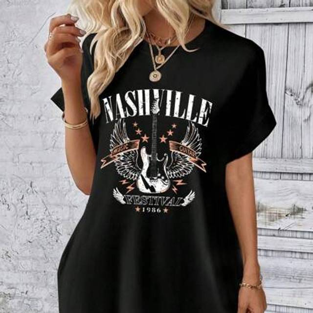 SHEIN Casual Loose Rock Music Festival Women&#39;s Round Neck Short Sleeve Dress, Suitable For Summer