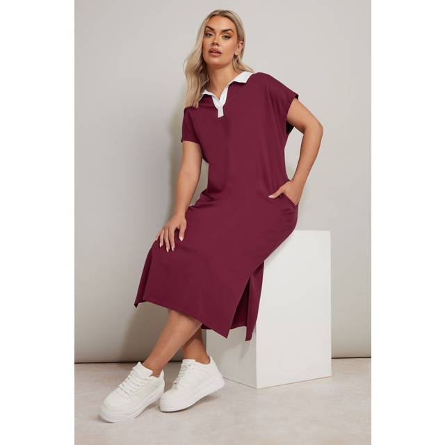 Yours Curve Dark Red Jersey Collar Grown Sleeve Dress, Women's Curve & Plus Size, Yours - 20