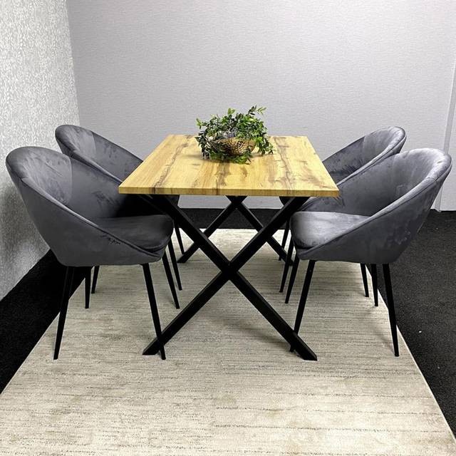 Brown Wooden Dining Table with 4 Grey Leather Chairs - Dining Kitchen Room Furniture - One Size