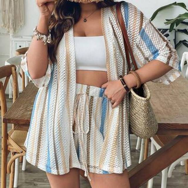 SHEIN Plus Size Women Blue & White Striped Shirt And Shorts Knit 2 Pieces Set, Summer Holiday Pool Party OutfitÂ Coconut GirlÂ SummerÂ Boho Chic Boho Sty