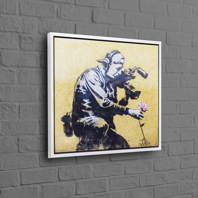 Oversized Canvas Painting Featuring Banksy Inspired Cameraman And Flower Wall Art Ideal For Aesthetic Home Decor - Framed Print without Mat (20 cm H x 20 cm W)