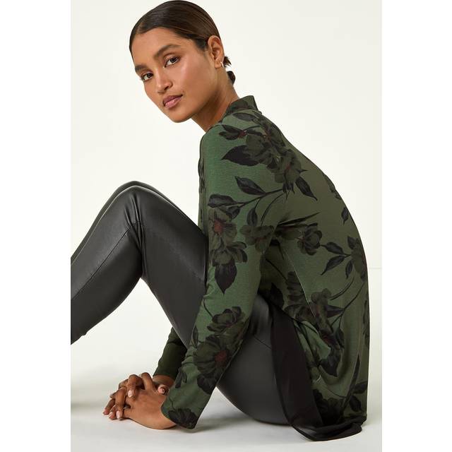 Floral Chiffon Hem Blouse - Dark Green - 12