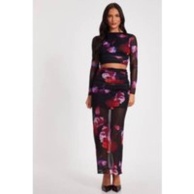 Quiz Women's Black Floral Print Mesh Maxi Skirt New Look - UK 10