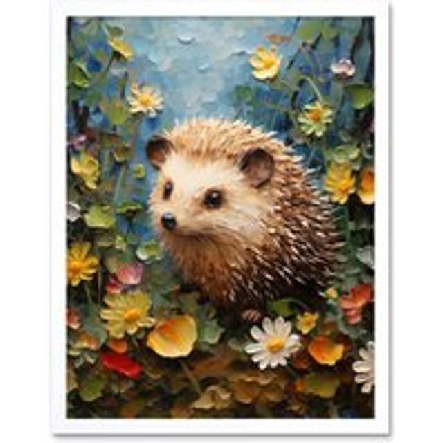 Wall Art Print Hedgehog Wildflower Meadow Thick Paint Oil Painting Kids Bedroom Cute Woodland Creature Art Framed - White - W12 inch x H16 inch