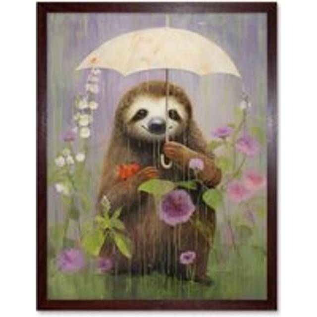 Wall Art Print Picking Flowers in the Rain Oil Painting Cute Sloth with an Umbrella in a Wildflower Meadow Kids Bedroom Art Framed - Brown - W12 inch - W12 inch x H16 inch