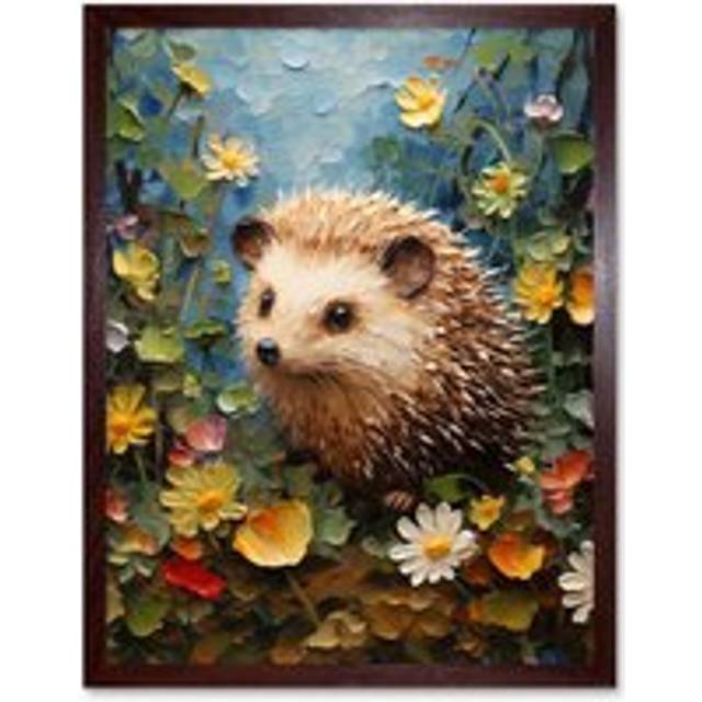 Wall Art Print Hedgehog Wildflower Meadow Thick Paint Oil Painting Kids Bedroom Cute Woodland Creature Art Framed - Brown - W12 inch x H16 inch