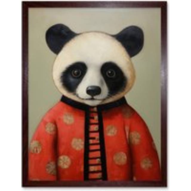 Wall Art Print Panda Cub in Chinese Uniform Fun Kids Bedroom Artwork Art Framed - Brown - W12 inch x H16 inch