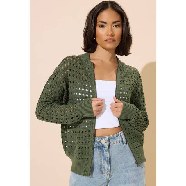 Pixiegirl Khaki Green Crochet Knit Bomber Jacket 16-18 Pixiegirl | Petite Women's Bomber Jackets