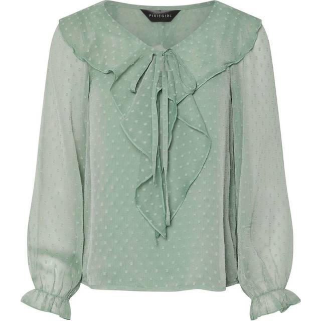 Pixiegirl Sage Green Dobby Frill Blouse 12 Pixiegirl | Petite Women's Shirts