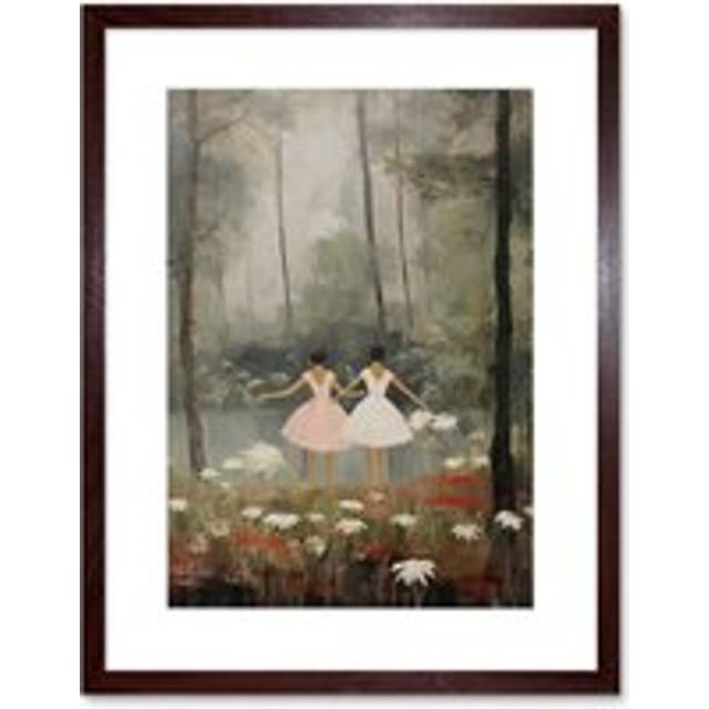 Wall Art Print Forest Ballet Oil Painting Kids Bedroom Ballerinas Gracefully Dancing by a Lake Artwork Framed 9X7 Inch - Brown - W7 inch x H9 inch