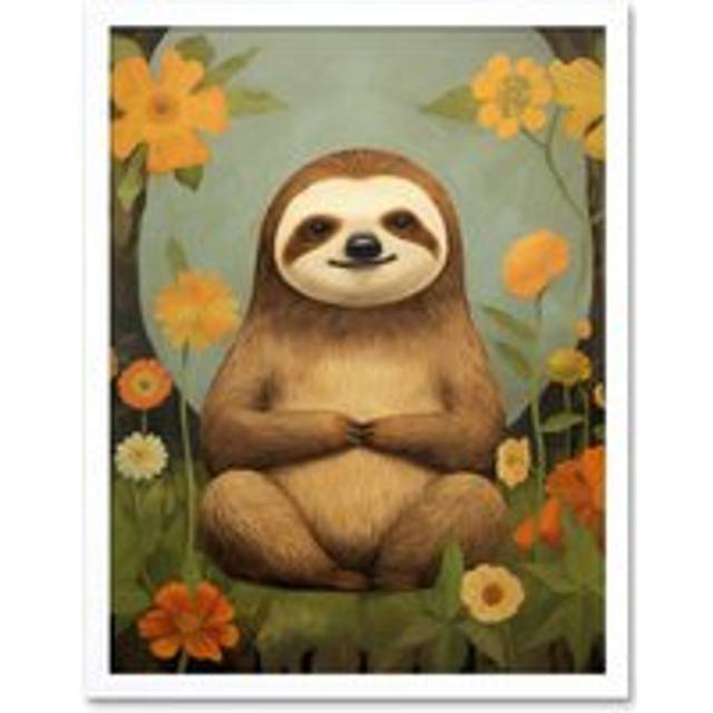 Wall Art Print Smiling Sloth Meditating in Forest Flowers Kids Bedroom Artwork Art Framed - White - W12 inch x H16 inch