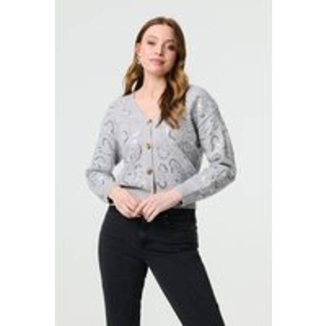 Sequin Embellished Cropped Cardigan - Grey - M