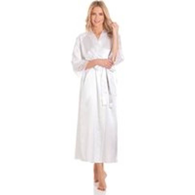 English Made Long Satin Dressing Gown With Lace Detail - White - 14-16
