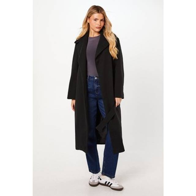 Womens Herringbone Stripe Wrap Coat - Black - L
