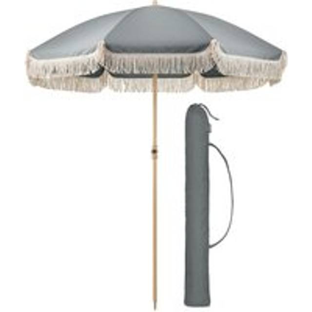 Portable Parasol Beach Garden Tilting Umbrella Fringed Tassel Sun Shade UV50+ 2m - Grey - One Size
