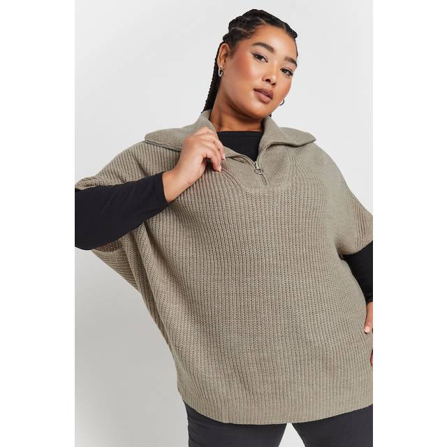 Yours Curve Natural Brown Quarter Zip Short Sleeve Jumper, Women's Curve & Plus Size, Yours - 30-32