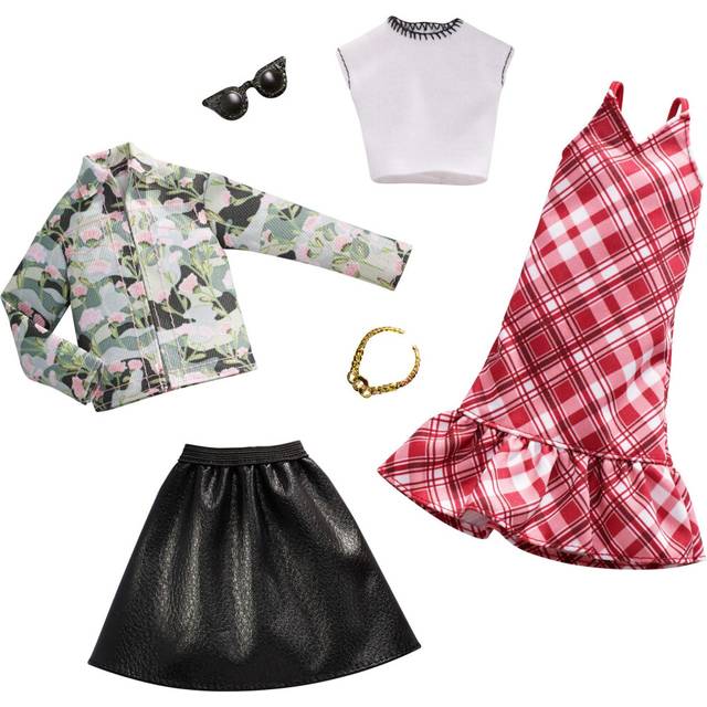 Barbie Clothes - 2 Outfits Doll Include Floral Denim Jacket and Leathery Black Skirt  Gift for 3 to 8 Year Olds