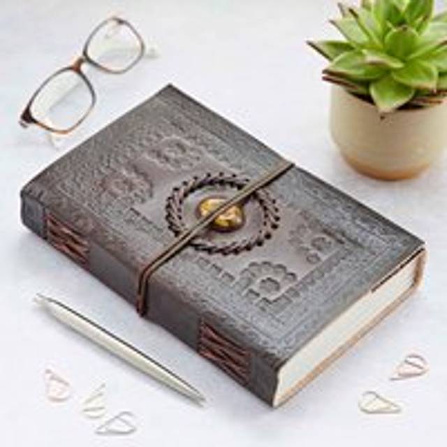 Indra Extra Large Embossed Leather Journal with Semi-Precious Stone - Yellow - One Size