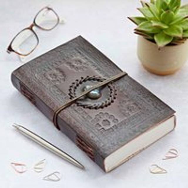 Indra Extra Large Embossed Leather Journal with Semi-Precious Stone - Green - One Size