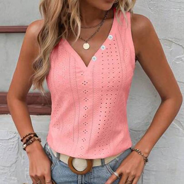SHEIN V-Neck Hollow-Out Embroidery Casual Cami, Suitable For Summer