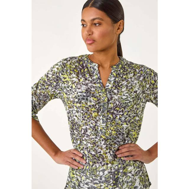Roman Lime Animal Print Burnout V-Neck Shirt - Size 10
