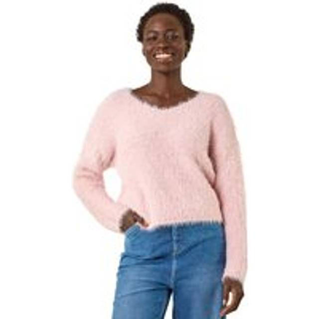 V-Neck Fluffy Knit Jumper - Light Pink - one size
