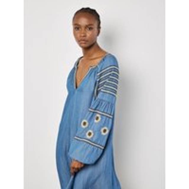 Womens Aztec Embroidered Denim Mini Dress - Blue - 12