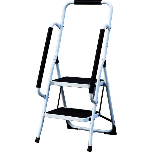 Gr8 Home 2 Step Folding Stool with Handrail - White - 50 x 46 x 109cm