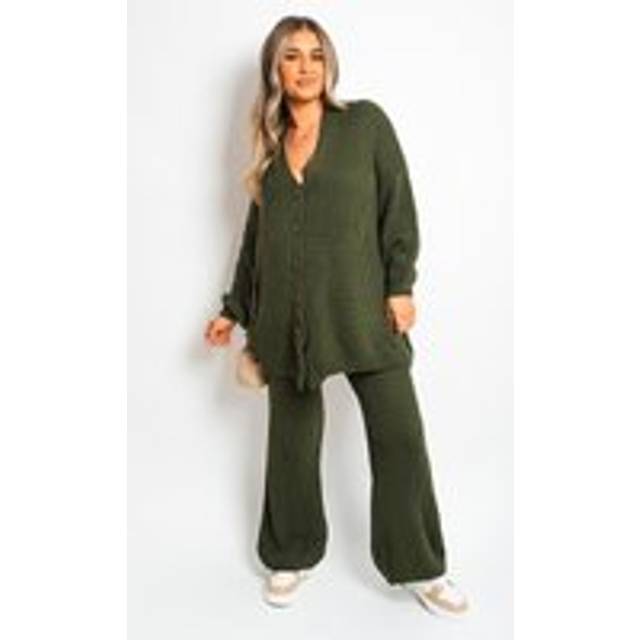 Emma Chunky Knitted Button Up Cardigan Wide Leg Trousers Co-ord Set - Khaki - M/L