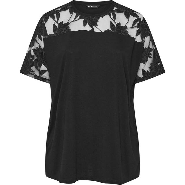 Yours Curve Black Floral Burnout Boxy Tshirt, Women's Curve & Plus Size, Yours - 18