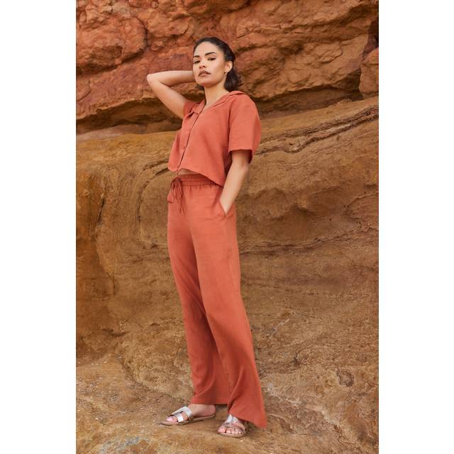 Pixiegirl Rust Orange Linen Drawstring Wide Leg Trousers 6 Pixiegirl | Petite Women's Linen Trousers
