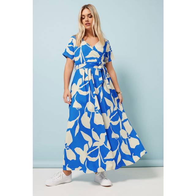 Yours Curve Blue Textured Floral Print Wrap Maxi Dress, Women's Curve & Plus Size, Yours - 26-28